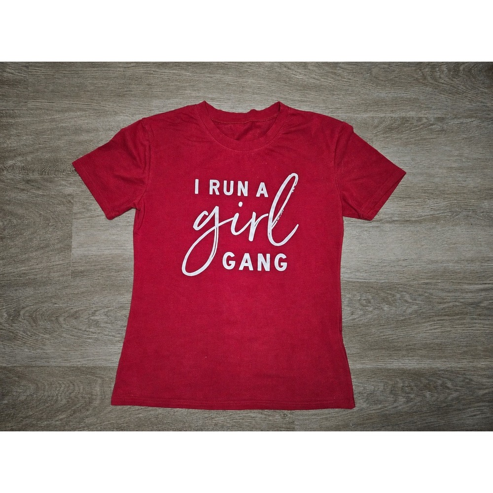 I Run A Girl Gang Graphic T-Shirt Red Short Sleeve Cotton Blend Size Medium